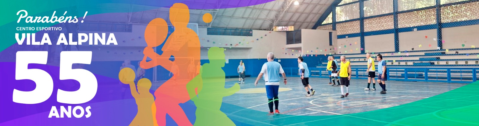 Na imagem, arte sobre o aniversário de 55 anos do Centro Esportivo VIla Alpina.